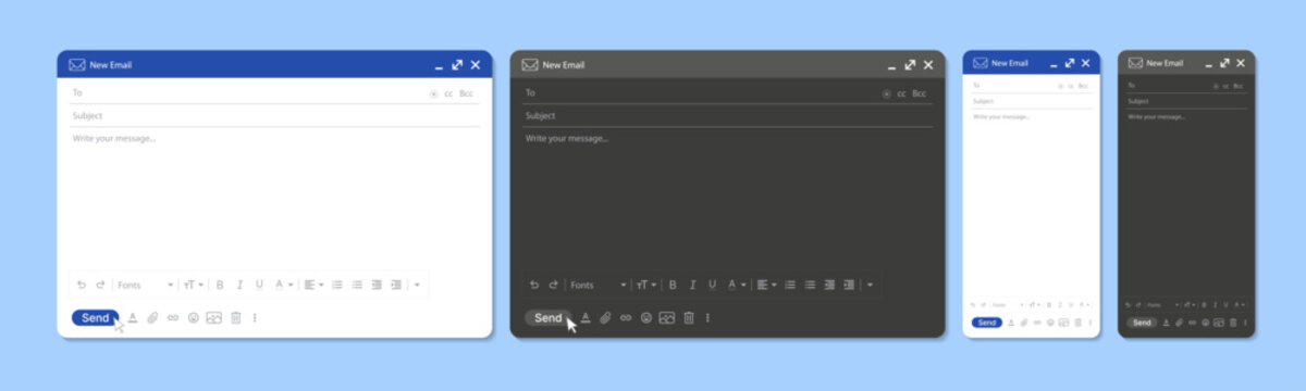 Email Interface UI Set &ndash; Light and Dark Mode New Message Window Templates for Desktop and Mobile, Modern Mail Client Vector Illustration