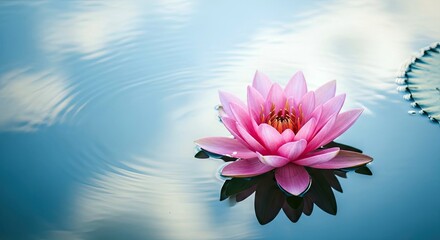 A beautiful pink lotus flower floats on the water's surface, reflecting the sky above. The image evokes a sense of peace and tranquility.