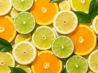 Fototapeta premium Colorful Citrus Mix Sliced Oranges, Limes, and Lemons for Freshness and Vitamin C