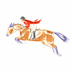 Watercolour illustration of a jumping horse with rider