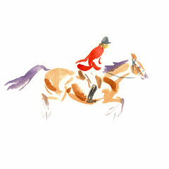 Watercolour illustration of a jumping horse with rider