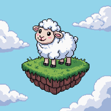 This whimsical pixel art depicts a cheerful sheep standing on a floating island, surrounded by clouds, evoking a sense of playfulness and imaginative adventure.