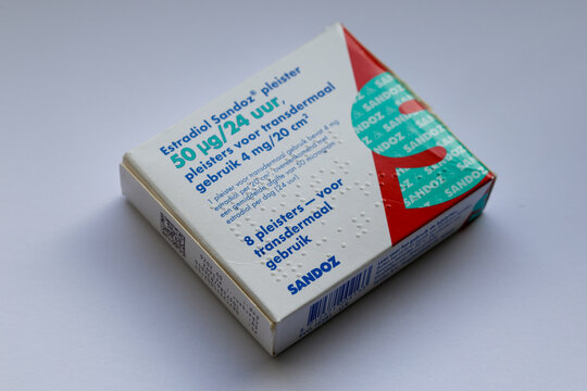 Box of  generic "Estradiol" hormone replacement therapy  "HRT" patches. Transdermal medication manufactured by Swiss pharmaceutical company "Sandoz". Dublin, Ireland
