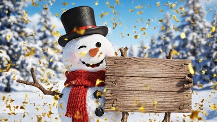 Festive snowman with blank sign amidst golden confetti in winter scene - Powered by Adobe