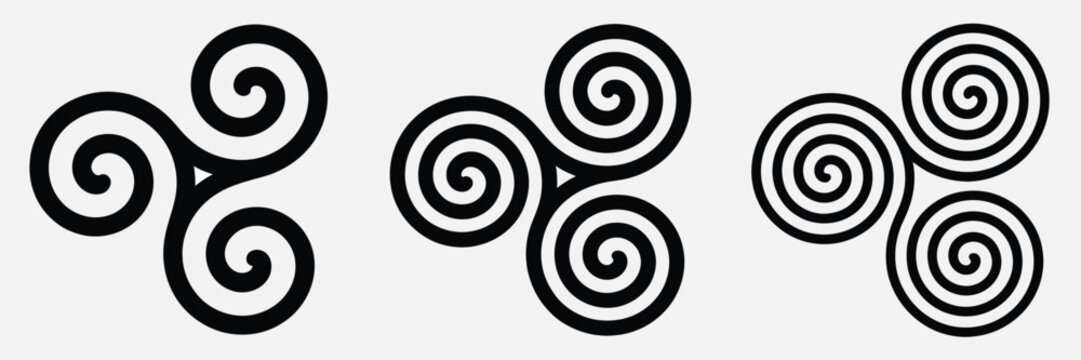 Celtic triskelion spiral motifs, triple spirals with varying turns in two, three, and four rotations, connected and twisted shapes over white, isolated vector illustration