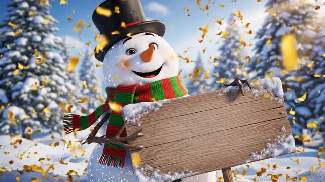 Festive snowman with top hat and scarf in winter landscape holding blank sign
