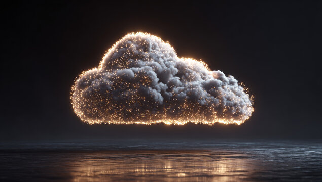 Glowing cloud render: digital a fluffy, gray cloud with golden light particles, floating in a dark environment with reflective surface.