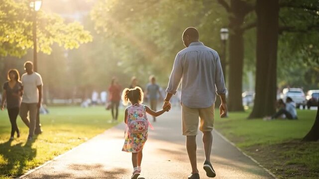 Heartwarming father-daughter walk in sunny park, family bonding moment