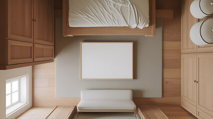 Cozy wooden interior featuring a minimalist sofa and a blank square canvas mounted on a neutral wall