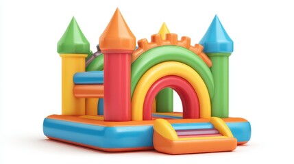 Fototapeta premium A vibrant bouncy castle invites children to jump and play in a cheerful outdoor setting. The colorful structure features multiple towers and fun designs perfect for summer fun.