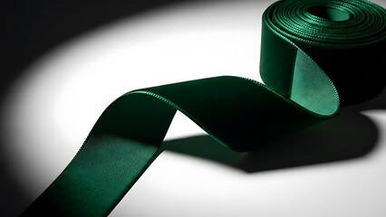 A rolled green ribbon with elegant folds on a white surface