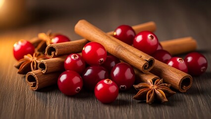 Close up of fresh cranberries and cinnamon sticks on a wood table