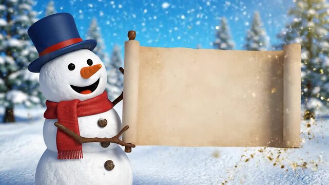Snowman holding scroll in winter wonderland with snowy trees and blue sky