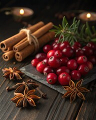 Cluster of ripe red cranberries artfully arranged on a wooden surface