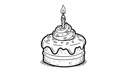Delicious Birthday Cake with Lit Candle Hand Drawn Illustration.