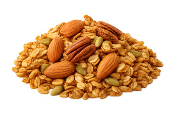 Granola mix with almonds, pecans, and pumpkin seeds, healthy breakfast cereal, snack on transparent background