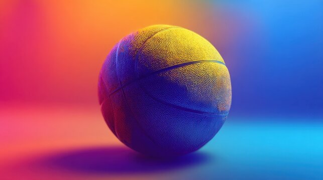 A basketball rests prominently on a colorful surface. The vibrant shades of purple blue and orange create an energetic and lively environment perfect for sports fans. - Powered by Adobe