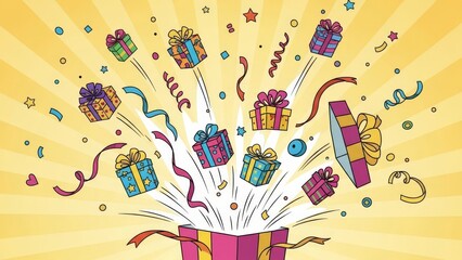 Surprise explosion of gifts, ribbons and confetti from a colorful box, celebrate a special occasion, bring joy, create birthday magic, delightful presents for festive promotions, joyful celebration