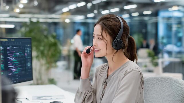 女性がコールセンターの席でマイクを整えながら電話対応する様子