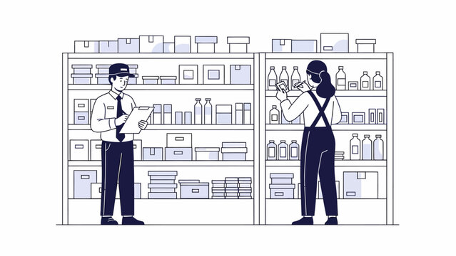 Store staff conducting inventory audit with notepad and boxes