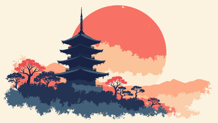 Five-story Pagoda, detailed black silhouette, large red sun behind the tower, Kyoto architecture vibe, flat design, vector style, white background