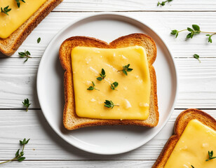 Cheese toast on plate white wooden table food flat lay PNG