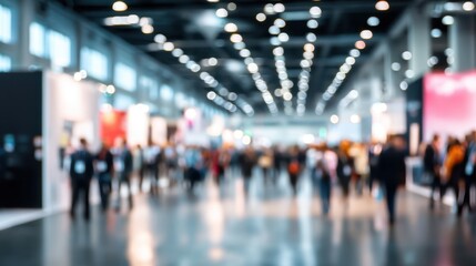 People mingle in a large convention center filled with booths and displays. The atmosphere is lively as attendees explore new products and network with exhibitors and other visitors.