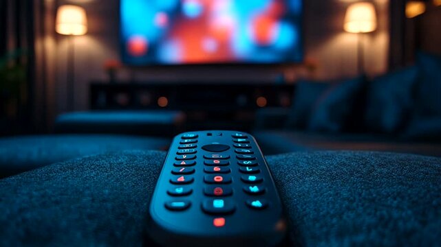 Remote control on a cozy couch, TV in background