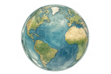 Earth globe watercolor illustration representing global connection, travel, environment, and world map with transparent background