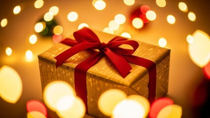 Elegant gold Christmas present wrapped with a vibrant red ribbon surrounded by warm, festive bokeh lights for holiday promotions and seasonal marketing campaigns