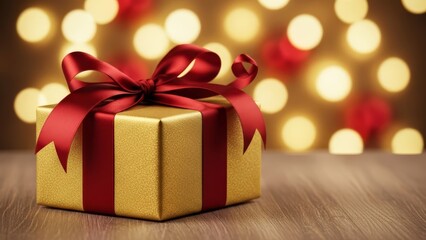 Obraz premium Elegant gold gift box tied with festive red ribbon against a backdrop of shimmering lights, perfect for holiday promotions and seasonal marketing campaigns with a touch of warmth and luxury