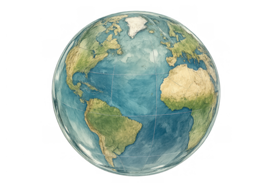 Earth globe watercolor illustration representing global connection, travel, environment, and world map with transparent background - Powered by Adobe