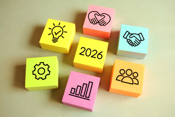 2026 Business Strategy and Growth Planning Concept with Colorful Blocks Showing Innovation, Teamwork, and Performance Icons