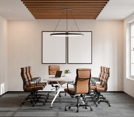 Modern Conference Room with Minimalist Office Furniture and Frame Mockup - 3d Render
