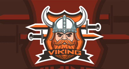 Vector cartoon logo, emblem and sticker. Team logotype e-sport, egame. Toon head of powerful brutal viking warrior wearing horned helmet, red beard and mustache. Shield and swords. Icon cyber game