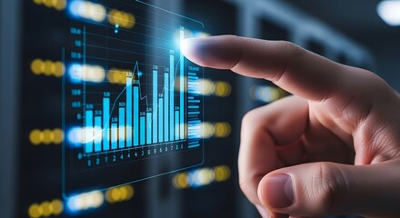 Business analytics and financial growth concept with hand interacting on holographic data chart display.