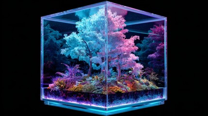 A luminescent cubic terrarium showcases a vibrant micro-forest with trees, plants, and colorful lighting against a dark background