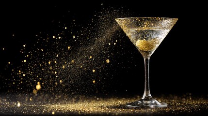 A martini glass filled with a golden liquid, possibly vodka, with a single olive on the rim, set against a black background with a scattering of golden glitter.