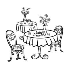 Empty wooden table and chairs in vintage kitchen interior room design for home or cafe dining