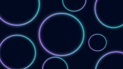 Multiple purple to cyan neon glowing rings scattered on dark blue background creating futuristic abstract digital pattern.