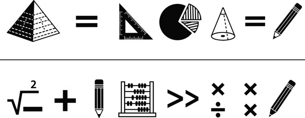 Math icons, geometry symbols, educational tools, cognitive thinking, data visualization, equations, logic, abacus, pencil, pyramid, cone, ruler, chart