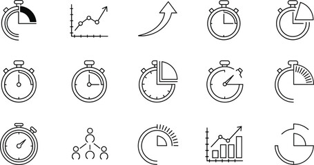 Time icons, performance tracking, data visualization, business analytics, stopwatch graphics, pie chart segments, growth arrows, productivity, planning, efficiency, metrics, progress, analysis