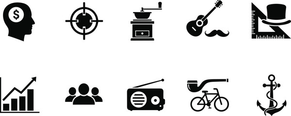 Vintage icons, business symbols, lifestyle elements, creative pictograms, infographic visuals, vector set, black silhouettes, concept graphics, editable design, retro illustrations