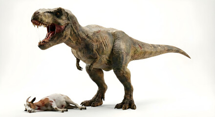 Ferocious Tyrannosaurus Rex stands over its prey, a dramatic studio shot of a powerful prehistoric predator in a menacing, realistic pose