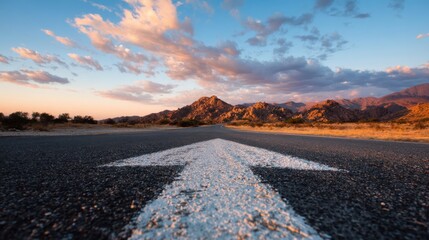 An empty road stretches towards majestic mountains at sunset. The sky is filled with clouds and warm hues creating a serene and inviting atmosphere for travelers.
