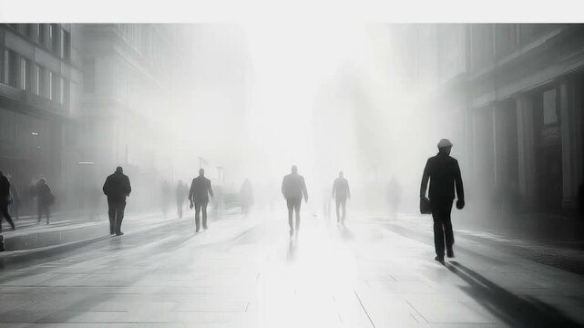 Foggy streetscape with anonymous pedestrians