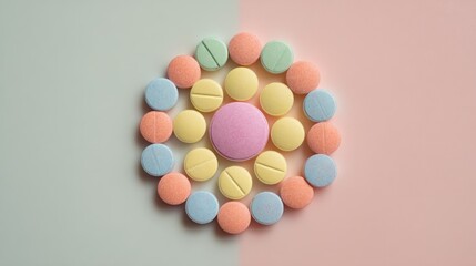 Obraz premium A circular arrangement of colorful pills on a gradient background, with a pink pill in the center.
