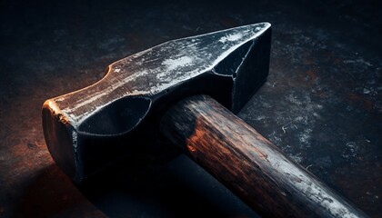 Heavy forged iron hammer with worn metal texture on dark industrial surface, captured in dramatic directional lighting, rugged tool photography with strong detail.