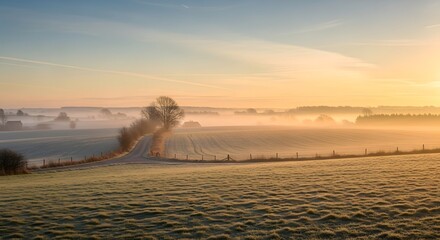 A calm rural path touched by early morning glow.