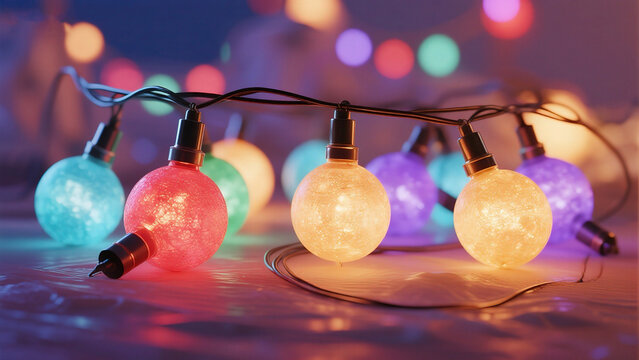 Colorful string lights with bokeh background